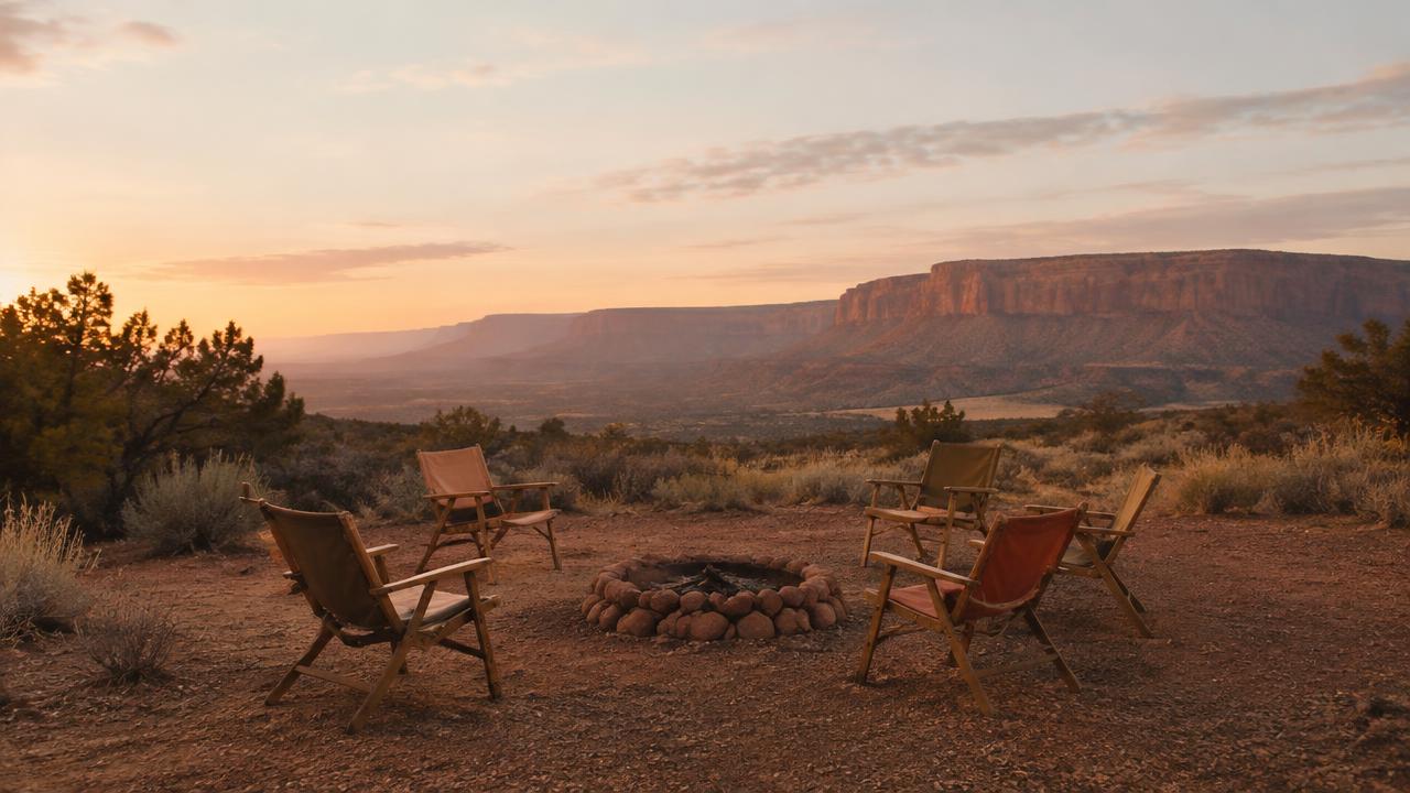 A small circle of camp chairs around a fire ring in a high-desert clearing at dawn