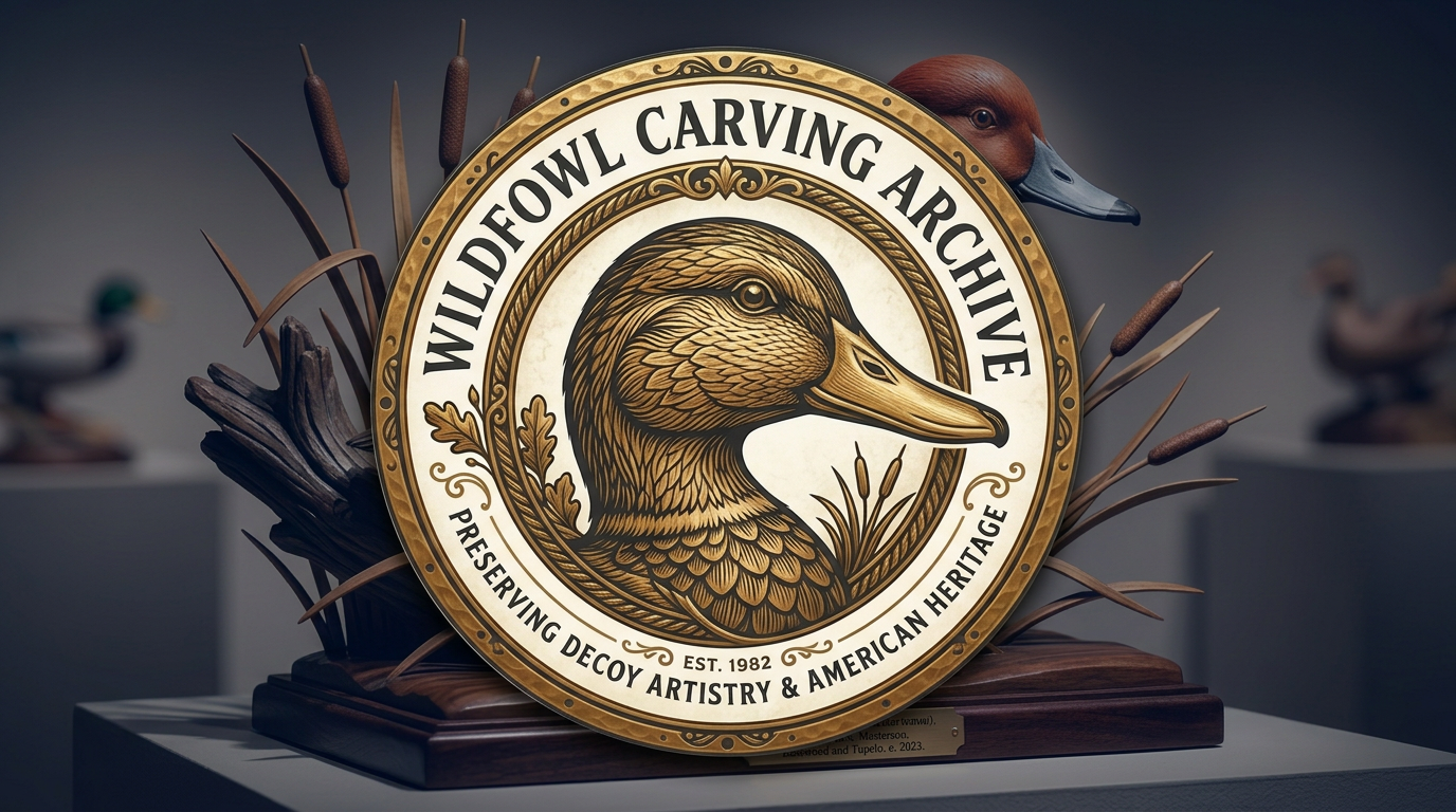 The Wildfowl Carving Archive seal over a carved redhead duck