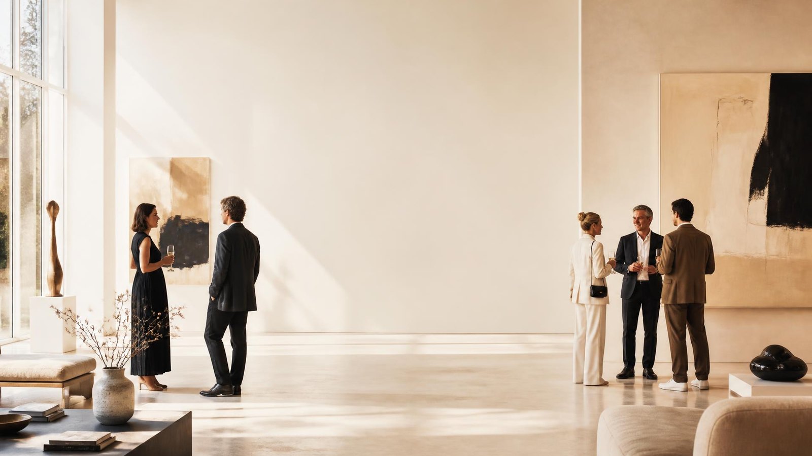A sunlit gallery room with people talking about the work on the walls