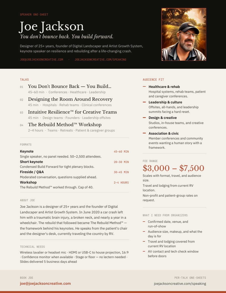 Speaker one-sheet — page one preview